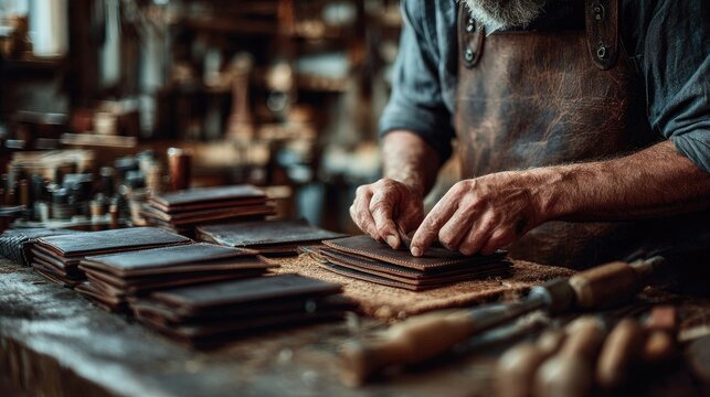 Artisan craftsman working on leather wallets in a workshop in the afternoon light