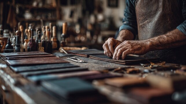Craftsman skillfully working with leather in a workshop filled with tools during the afternoon