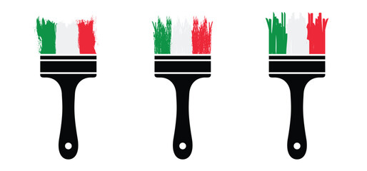 Flag of Italy with color paintbrush or paintbrushes with brush stroke. Vector flags. Flag of Italia with paint brush silhouette. Grunge brush strokes painted national country flag