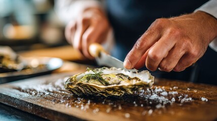 Expert chef shucking fresh oysters on a wooden board with herbs and salt during a culinary event