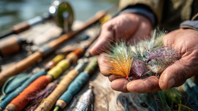 Fishing enthusiast showcases colorful flies at a riverbank on a sunny day - Powered by Adobe