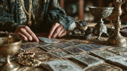 Detailed tarot card reading session at an antique wooden table with ornate decorations and mystical atmosphere