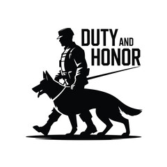 Silhouette of a soldier walking with a loyal military working dog