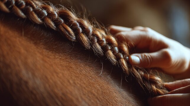 Horse grooming session highlights intricate braiding technique on a chestnut coat in a peaceful stable setting