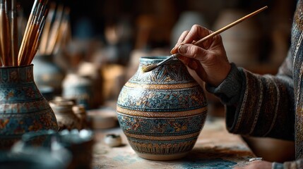 Craftsman painting intricate designs on traditional pottery in workshop