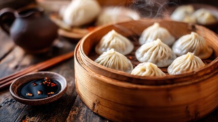 Fototapeta premium Steamed Delights: A close-up shot of freshly steamed dumplings, artfully arranged in a bamboo steamer with wooden chopstick and small bowl. a celebration of asian cuisine 