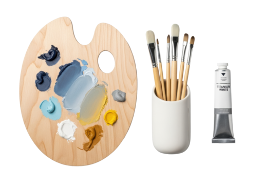 Pristine wooden artist's palette with subtle dried cerulean, slate, ochre paints, sleek brush holder, new titanium white tube on transparent, shadowless. Concept of artistic professionalism