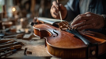 Master craftsman repairs a violin in a well-lit workshop filled with tools and wood shavings