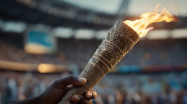 Flame burns brightly as a torch is held high during a grand opening ceremony in a stadium filled with cheering spectators