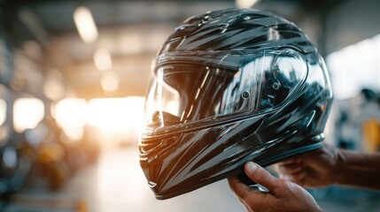 Motorcycle racer prepares for ride with a sleek black helmet in workshop during evening light