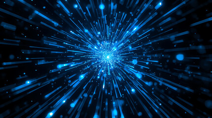 Abstract blue light burst background with radiating lines and sparkling particles creating a dynamic and energetic visual effect ideal for technology concepts