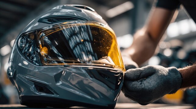 Technician inspects motorcycle helmet in workshop during daylight hours