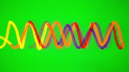 Vibrant overlapping wavy lines create a dynamic abstract pattern on a bright green background.