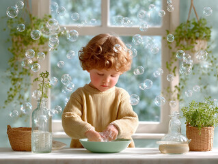 Child carefully washing hands with soap under running water, promoting personal hygiene and cleanliness in bright, sanitized bathroom environment