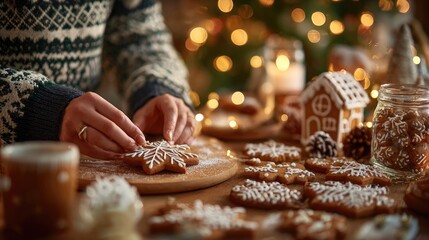 Decorating festive gingerbread cookies during a cozy holiday gathering in a warm, inviting home setting