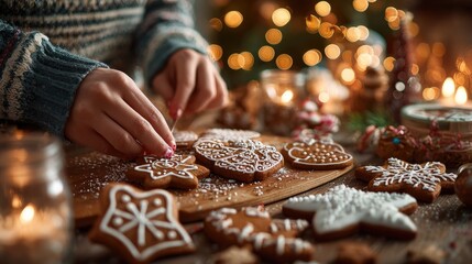 Baking holiday cookies and decorating with icing at a cozy kitchen during winter season