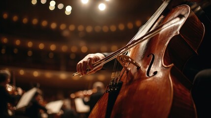 Cello performance during a symphony concert at a grand theater in the evening