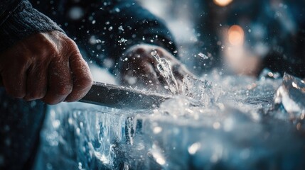 Crafting ice sculptures in a winter festival showcasing skilled artistry and intricate designs