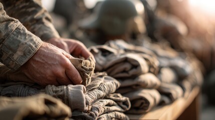 Military personnel organizing and folding uniforms in a training area during the early morning hours