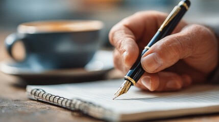 Writing notes with a fountain pen while enjoying coffee at a cozy cafe in the morning