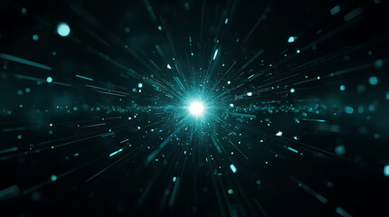 Fototapeta premium Abstract Teal Light Burst with Streaking Particles and Depth of Field Visual Futuristic Backdrop Perfect for Technology and Science