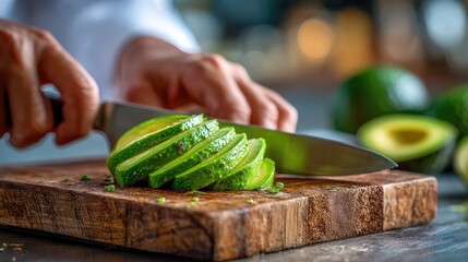 Chef skillfully slices fresh avocados on a wooden cutting board in a bright kitchen setting for meal preparation