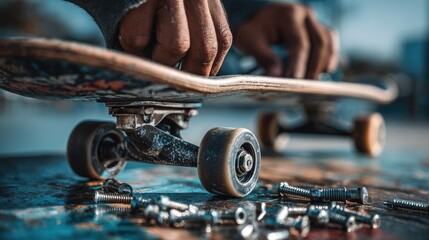 Skateboard maintenance session at a sunny park with close-up of hands and tools