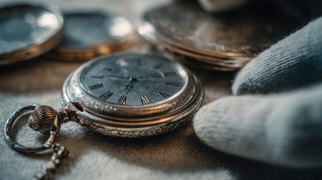 Antique pocket watch being carefully handled with gloves on a wooden surface in soft lighting