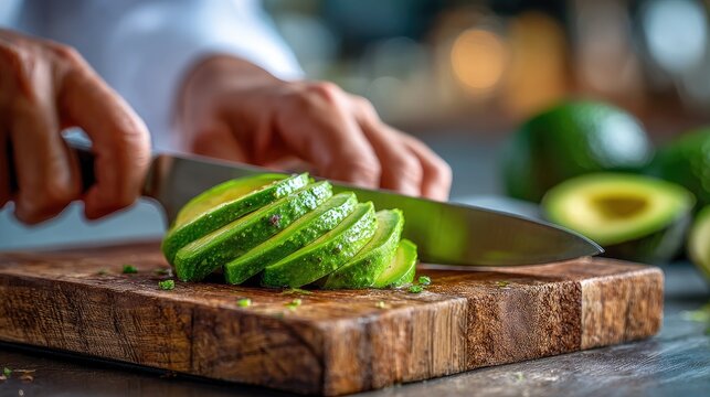 Chef skillfully slices fresh avocados on a wooden cutting board in a bright kitchen setting for meal preparation