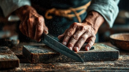 Skilled hands prepare fresh ingredients in a rustic kitchen with natural light during afternoon cooking session