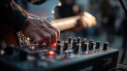 Musician mixes sound at outdoor event during sunset with electric guitar in the background