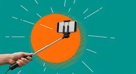 Hand Holding a Selfie Stick with Phone on Abstract Background