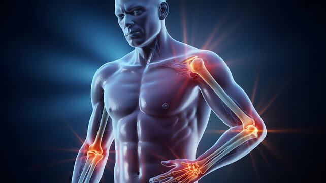 Anatomical illustration of a man with highlighted joints and bones in red color