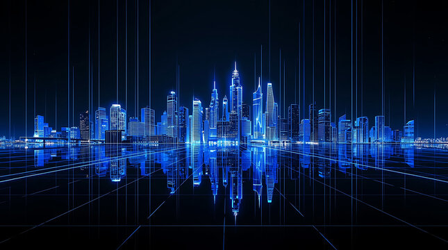 Futuristic Cityscape with Blue Glowing Buildings and Network Connections Reflecting on Dark Surface Technological Urban Landscape