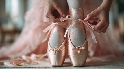 Ballet dancer ties ribbons on pointe shoes in a bright studio during a morning practice session