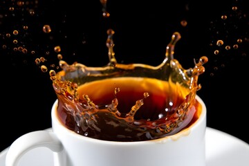 Dynamic coffee splash crowned in a white cup against a dark background
