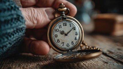 Vintage pocket watch held in hand with rustic wooden background showcasing timekeeping craftsmanship