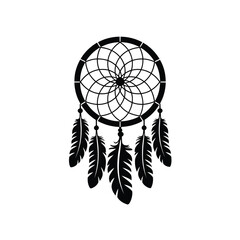 Intricate silhouette of a dreamcatcher with dangling feathers in a stylized design