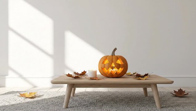 A carved Halloween pumpkin with a candle inside sits on a wooden table adorned with fallen autumn leaves, casting a warm glow on a carpeted floor