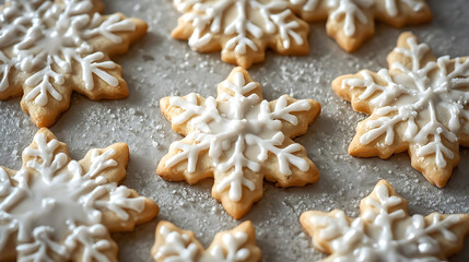 Snowflake shaped cookies decorated with sugar icing on winter background
