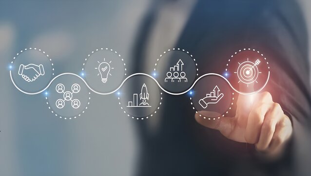Business Roadmap: A focused individual's hand interacts with a digital pathway of business concepts, including agreements, strategy, growth, and targets, set against a soft focus backdrop. 