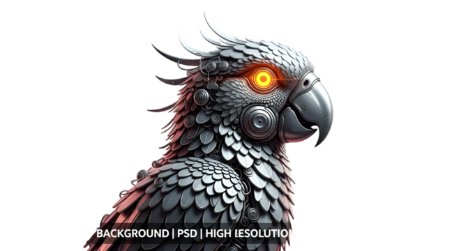 Futuristic Mechanical Cockatoo with Glowing Orange Eye