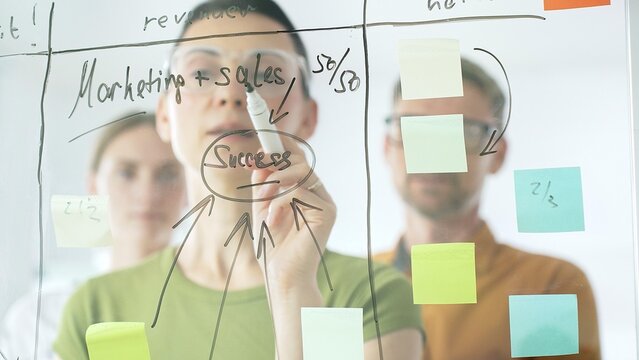 Marketing team collaborating, strategizing business growth with colorful sticky notes on transparent board, targeting revenue and profitability goals