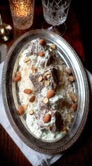 Jordanian mansaf featuring lamb in yogurt sauce served with rice and almonds on traditional metal platter during a festive gathering
