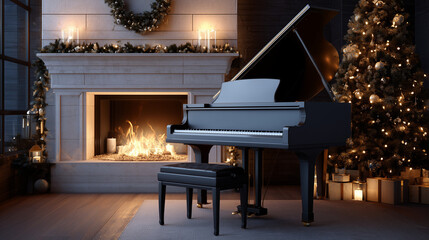 elegant holiday room with grand piano, glowing fireplace and decorated christmas tree in warm festive composition with natural light and wooden textures