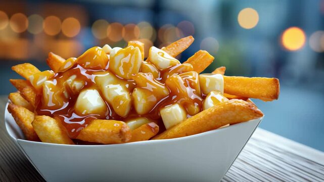 A paper boat of hot, cheesy poutine with rich gravy on a rustic wooden table, with a blurred outdoor background