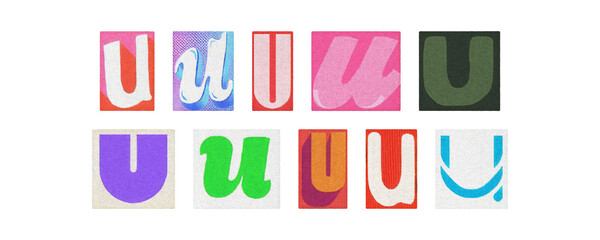 Magazine letter U cutout tiles collage set on transparent PNG
