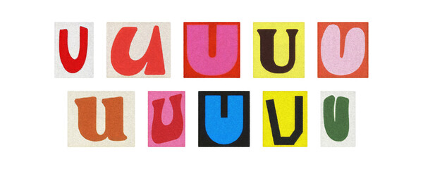 Colorful letter U collage from magazine clippings, isolated transparent PNG
