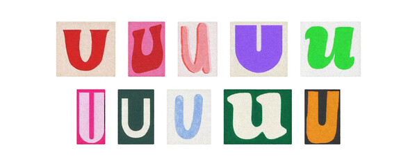 Colorful letter U collage from magazine clippings, isolated transparent PNG
