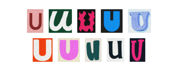Colorful letter U collage from magazine clippings, isolated transparent PNG
